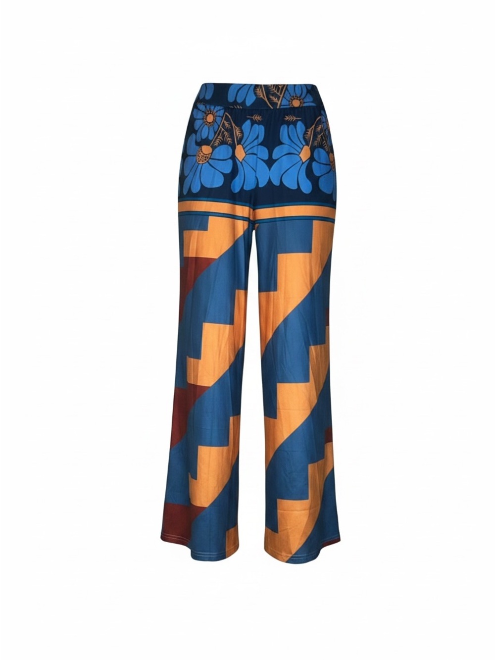 Funky Blue & Gold Wide-Leg Graphic Print Pants